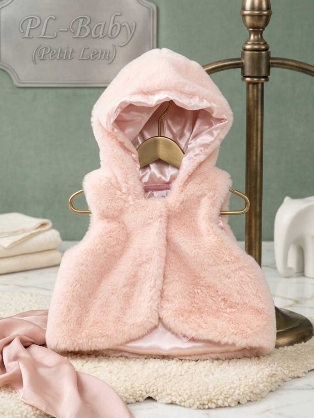 122. PL-Baby by Petit Lem Pink Faux Fur Hooded Vest - 3M